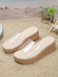 1 Pair Girls' Summer Sandals, Fashionable Minimalist Slip-On Beach Vacation Platform Wedge Slip-On Slides - Clear - View 2