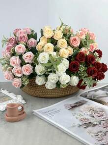 Artificial Rose, Silk Flower Bouquet Decor, Suitable For Home, Office, Party And Wedding Decoration (Red)