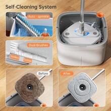 Spin Mop And Bucket Set With Self Separation Dirty And Clean Water System Self Wringing 360° Rotating Square Mop Head For Home Floors Cleaning 1.0 Mop And Bucket Set (6 Pads ) - XámTrắng - Xem 3