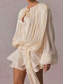 Women's Elegant Satin Silk Ruffle Flowy Mini Dress Y2k Long Lantern Sleeve Tie-Up Front Pleated Dress High Waist Spliced Short Dress Club Cocktail Party Outfits Streetwear - 杏色 - 查看 6