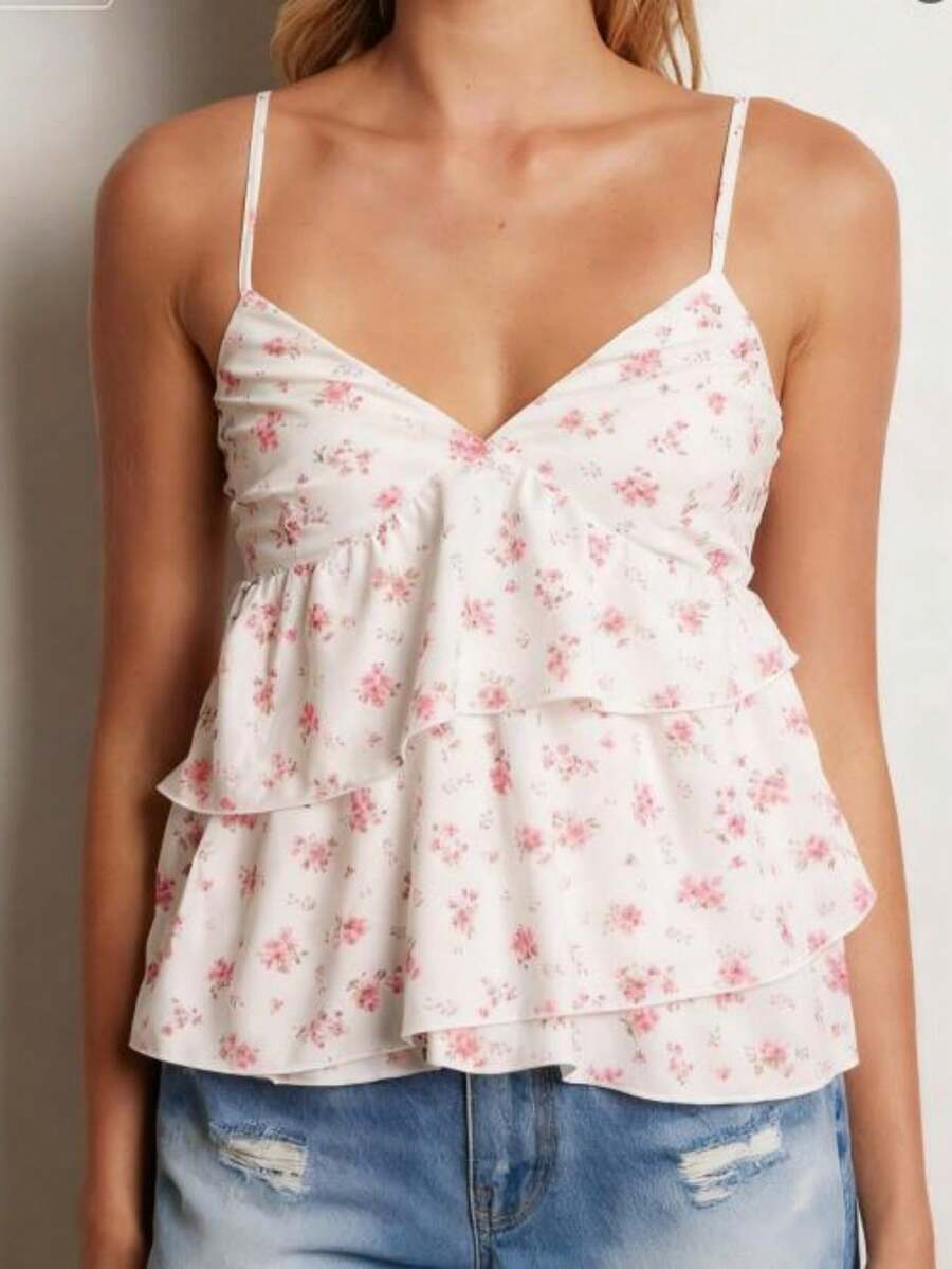 Women's  Floral Print Spaghetti Strap Top, V Neck Sleeveless Babydoll  Ruffle Tank Top,Summer Cute Flower Print Peplum Cami Vest,Teen Going Out Aesthetic Clothes,Beach Flowy Fashion Vaction Outfits - 粉色 - 查看 1