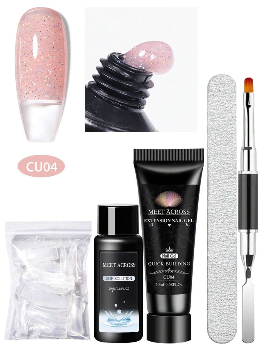 MEET ACROSS Bộ dụng cụ nối móng 5 món, gel nối móng Poly màu hồng nude lấp lấp lánh kèm dung dịch chống dính và hai khuôn, cọ vẽ móng, hoàn hảo cho người mới bắt đầu và làm móng tại nhà.