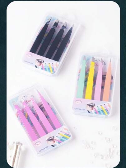 4pcs/Box Colorful Angled Flat Tip Tweezers, Pointed Tip Tweezers, Eyebrow Trimming Tools For Women And Men