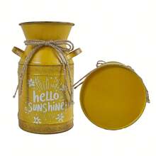 Turmeric-Colored Metal Decorated Milk Jar Vase, Vintage Distressed Iron With Jute Rope Tie, Printed With "Hello Sunshine" Text And Floral Pattern, Brings Fresh And Vibrant Atmosphere. Can Be Used As A Vase For Spring Branches And Dried Flowers, Or As A Storage Jar, Suitable For Desk, Windowsill Decor, Spring Home And Store Display. - Yellow Double-handled Milk Jug - View 4