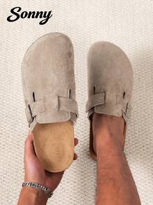 男士休闲纯色套脚穆勒鞋，舒适防滑软底，圆头设计，舒适织物鞋面，PVC鞋底，套脚式设计，适合全年户外活动，有秋冬季保暖款和非保暖款可选。 - 卡其色 - 查看 2