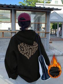 宽松字母印花保暖内衬卫衣 - 黑色 - 查看 4