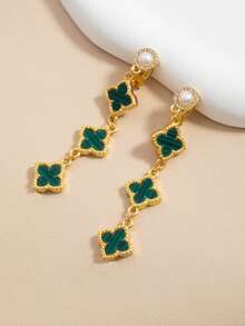 1 Pair Faux Pearl & Clover Clip-On Earrings, Elegant & Versatile Fashion Accessory, Ideal Gift For Valentine's Day, New Year, Banquet, Wedding And Other Occasions - Green - View 6