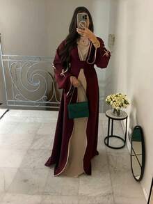 SuofeiMan Plus Size New Middle Eastern Fashion Simple Bow Abaya, Burgundy Solid Color Casual Soft Comfortable Robe & Includes Inner Lining, Belt, Suitable For Festivals, Daily Wear, 2 Pieces Set