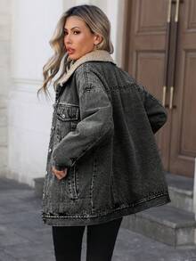 快乐女孩# 百搭休闲运动时尚女式春秋冬抓绒防风外套，蓝色Y2K学生学院风年轻牛仔 - 灰色 - 查看 7