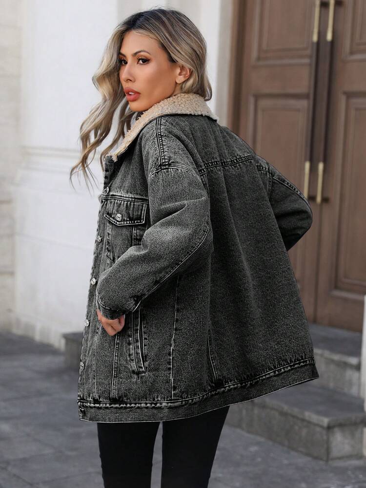 HAPPY GIRL# Áo khoác nỉ chống gió thời trang thể thao thường ngày đa năng dành cho nữ, mùa xuân, thu, đông, màu xanh dương, phong cách sinh viên Y2K trẻ trung, chất liệu denim. - Xám - Xem 7