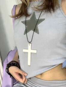 1pc Cross Pendant Long Necklace, Black Wooden & Metal, Unisex Punk Y2K Jewelry For Daily Outfit And Party Accessory - Black - View 11