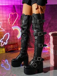Women's Platform Lace-Up Side Zipper Boots, Square Toe Thick Sole Rivet Wedge Over-The-Knee Fashion Riding Boots