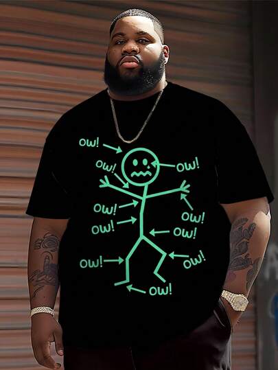 Plus Size Men's Casual Round Neck T-Shirt, Polyester Knit Fabric Comfortable & Breathable, Fashionable & Cool Street Style "Stick Figure" Graphic Print, Casual Street Design Fresh Series, Creative & Tops