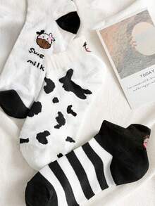 5 Pairs/10 Pairs (Random Style) Spring/Summer Black & White Cartoon Cow Ear Cut Ankle Socks, Cute Japanese Style Short Women Socks - Multicolor - View 6