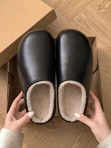 1 Pair Spring 2026 PU Leather Flat Warm Slippers, Waterproof EVA Indoor Outdoor Fluffy Closed Toe Slides - Black - View 9
