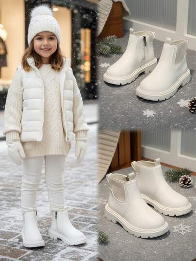 白色小号婴幼儿靴，柔软舒适的弹力针织+PU材质，保暖内里，拉链设计，圆头软底，简约英伦风，适合男/女宝宝室内/室外、上学、秋冬季穿着。