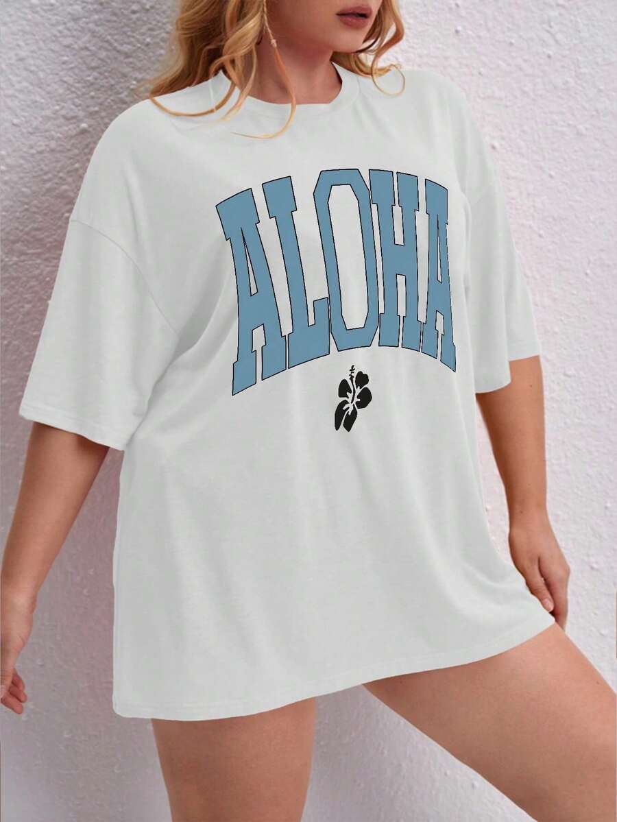 Oversized Printed Aloha Flower T-Shirt, Summer/Spring Short Sleeve Blouse, Lightweight Gym Wear - White - View 1