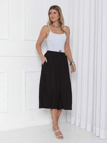 Plain Culottes With Two Elasticated Waist Pockets, Women's Linen, Knot Detail, Wedding Dress. - Black - View 2