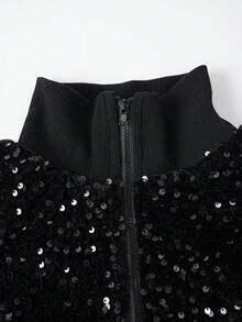 两件套 - 优雅精致的派对套装，长袖外套搭配直筒裤，魅力十足的休闲亮片条纹西装，适合情人节、新年活动、派对等场合 - 黑色春季款 - 彩色 - 查看 6