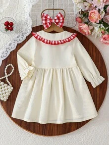 女婴红白格子蝴蝶结装饰连衣裙+发带，甜心领，休闲日常装 - 杏色 - 查看 2