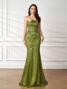 奢华亮片装饰无肩带美人鱼晚礼服，优雅派对婚礼宾客礼服（春季款） - 草綠色 - 查看 1