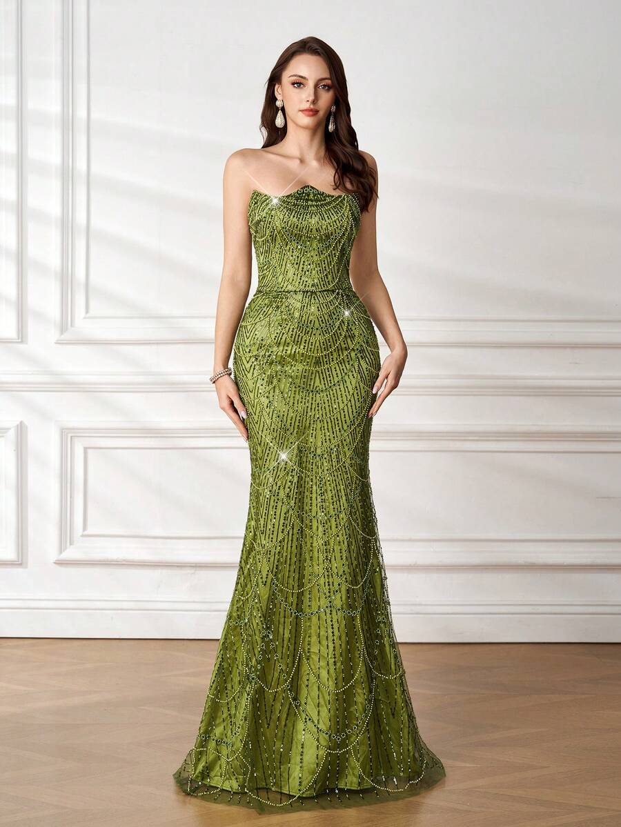 奢华亮片装饰无肩带美人鱼晚礼服，优雅派对婚礼宾客礼服（春季款） - 草綠色 - 查看 1