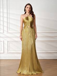 Elegant Women's Gold Sequin Pleated Halter Backless Sexy Evening Dress, Suitable For Formal Occasions - Gold - View 1