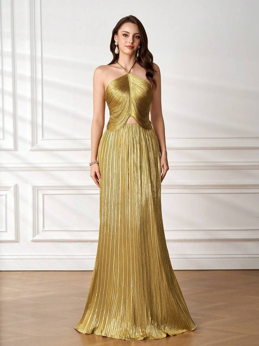 Elegant Women's Gold Sequin Pleated Halter Backless Sexy Evening Dress, Suitable For Formal Occasions - Gold - View 1