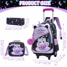 3件套女童拉杆背包，多口袋美人鱼/猫咪图案，适合小学生，带铅笔盒和铅笔盒 - 女童分離式拉桿包 - 查看 5