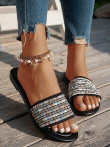 Women's Bohemian Beach Holiday Sandals, Fashionable Casual Comfortable Slip-On Sandals, Women's Summer Slip-On Flat Sandals - Black - View 12