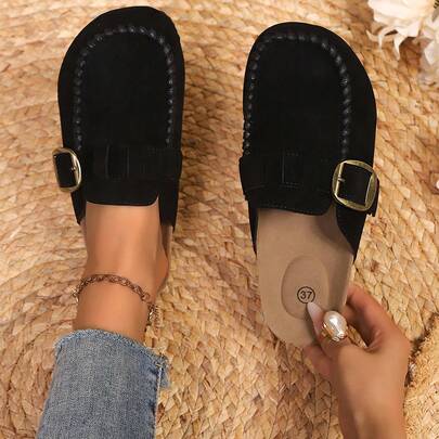 European Style Suede Mule Slippers, Buckle Strap Casual Backless Slip-On Loafers For Women
