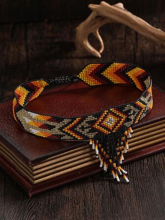 手工串珠流苏项链套装，波西米亚风项链，复古黄色流苏吊坠项链，配套流苏耳环，女士时尚配饰，黄黑多色米珠不对称流苏项链，长度可调节，适合日常及节日佩戴，2026新款项链，可作毛衣链，节日理想礼物