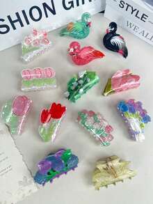 1件套亚克力花朵发夹 - 郁金香、百合、玫瑰发饰，创意独特绿叶发夹，可爱银杏叶发圈装饰，优雅发爪，女士发爪，休闲发夹，优雅发爪夹 - 彩色 - 查看 11