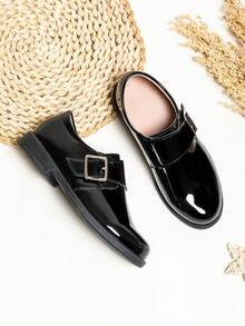 Sepatu Kulit Imitasi Anak Laki-Laki yang Muda dan Bersemangat, Kulit Imitasi Timbul dengan Pola Batu dan Finishing Mengkilap, Penutup Velcro dengan Dekorasi Gesper Modis, Cocok untuk Bermain Sehari-hari dan Sekolah - Hitam - View 6