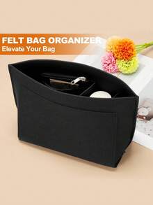 Felt Purse Organizer Insert For Le L Tote Bag & M Handbag, Zipper Long Champ Bag Organizer Insert With Cup Holder, Women Bags Divider Shaper With 8 Compartments - Black - View 3