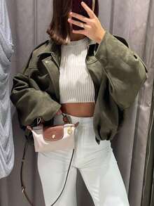 Women's Suede Bomber Jacket, Lapel Collar Long Sleeve Zipper Loose Outerwear, Casual New Style Fashion Coat, Spring/Autumn - Army Green - View 2