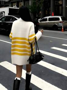 女士休闲宽松圆领长袖黄色条纹中长款毛衣，适合日常穿着和通勤，秋冬季 - Butter Yellow - 查看 3