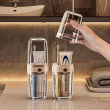 1pc Portable Sealed Leak-Proof Toiletry Case, Mini Carry Handle Wash Bag, Convenient Travel Mouthwash Cup Toiletry Box, Couples Toothbrush Cup, Toothbrush Toothpaste Box Set, Business Trip Outdoor Camping Travel Portable, Suitable For Home, School, Travel Bag Storage