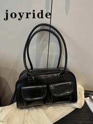 1個 ミニマリスト レトロ ジッパー クロージャー ショルダーバッグ、ポケット装飾、ダブルハンドル、女性のカジュアルな通勤に適したレトロスタイルのハンドバッグ、ストリートファッションのショルダーバッグ