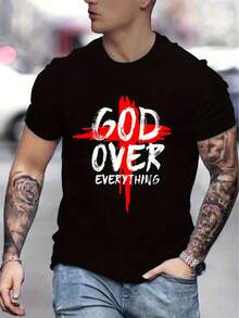 Camiseta gráfica para hombres GOD OVER EVERYTHING - Negra con blanco; Impresión roja. Camiseta de manga corta casual de corte regular. Top de Cuello Redondo Lavable aáquina para Todas las Estaciones. Camisa de Impresión en Negrita Ropa cómoda - Negro - Ver 7