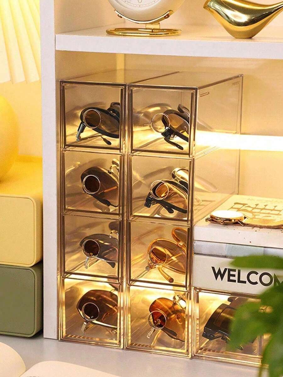 1pc Transparent 4-Grid Drawer Style Fashion Glasses/Eyeglasses Storage Box, Dust-Proof Stackable Accessory Organizer - Clear - View 1