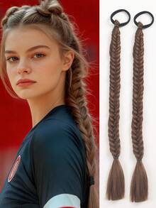 2pcs 18-Inch Handmade Fish Bone Braided Ponytail Hair Extensions With Elastic Band, Suitable For Women - Multicolor - View 18