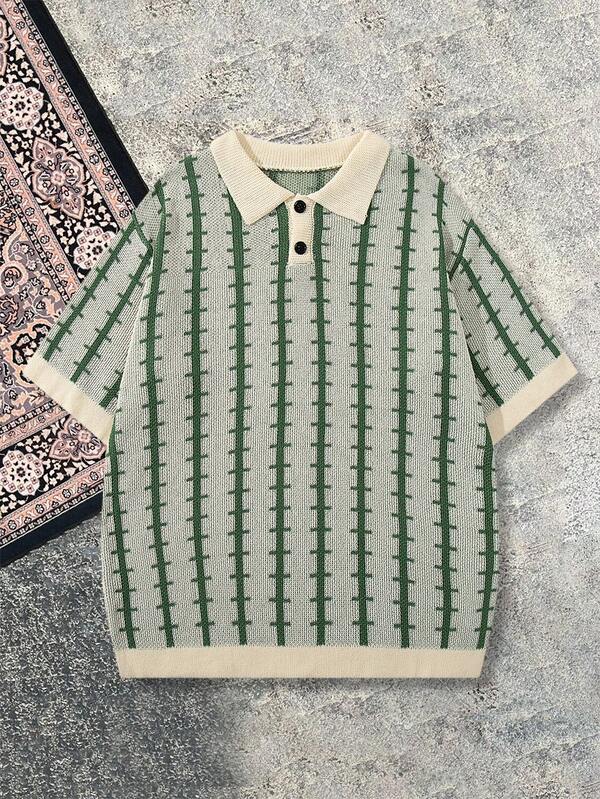 Colorblock Striped Polo Collar Loose Fit Short Sleeve Knit Top For Men, Spring/Summer