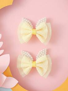 2pcs Pearl Ear & Yellow Bow Hair Clips Set, Cute & Sweet Hair Accessories Gift/Adorable Bow Headpiece For Teen - Yellow - View 4