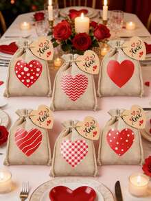6 piezas Bolsas de lino con cordón con forma de corazón para el Día de San Valentín, incluye tarjetas y cordones de lino, bolsas de regalo con cordón de lino con diseño de corazón para bodas, aptas para el Día de San Valentín, bodas, despedida de soltera, aniversario, Día de la Madre, fiesta de cumpleaños y otras ocasiones. - Multicolor - Ver 6