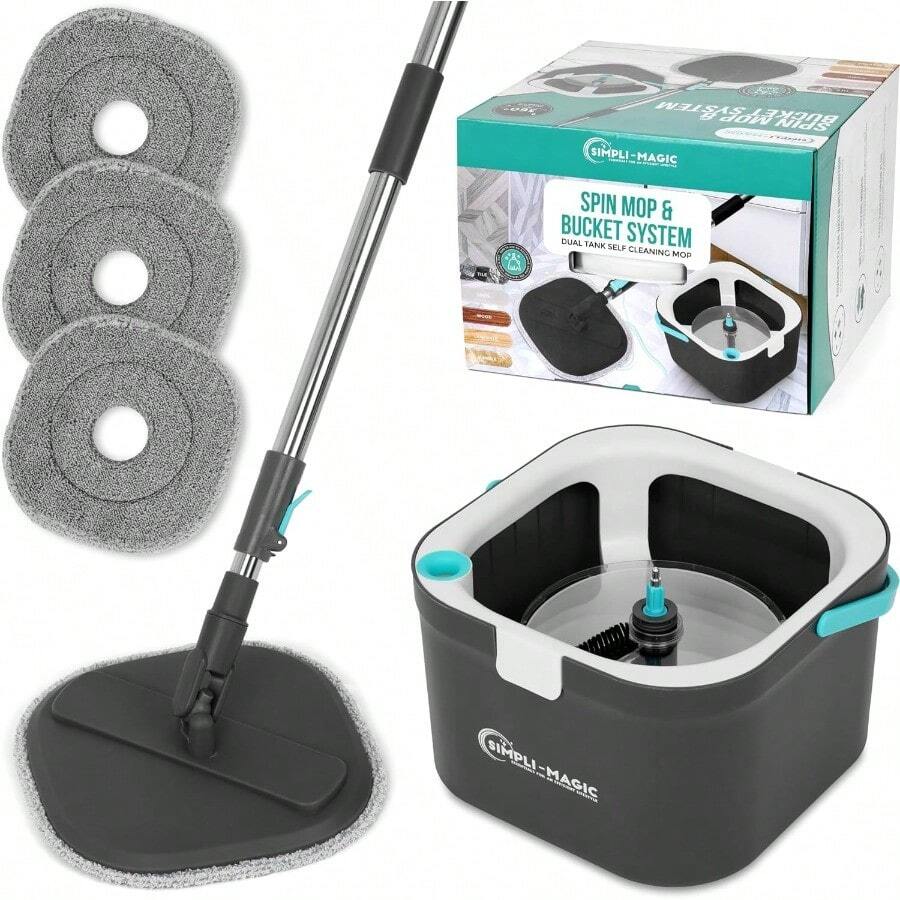 360° Square Spin Mop And Bucket System Dual Compartment Separate Clean And Dirty Water 3 High-Absorbent Microfiber Washable Heads All Types Floor Cleaning - Xám - Xem 1