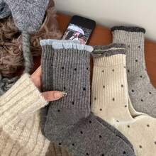 4 Pairs Women's Fashion Versatile Ruffled Polka Dot Socks Autumn Winter Warm Mid-Calf Slouchy Socks - Nhiều màu - Xem 6