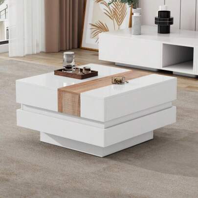 High Gloss Side Table 70*70*39 Cm With Extendable Top, Square Coffee Table With Hidden Storage And Dividers, White + Primary Color