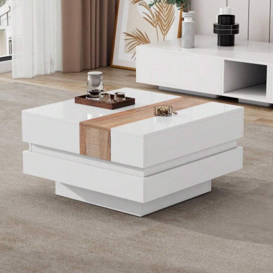 Mesa auxiliar de alto brillo de 70*70*39 cm con tablero extensible, mesa de centro cuadrada con almacenamiento oculto y divisores, blanco + color primario - Blanco - Ver 1