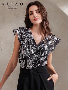 Elegant Ruffle Collar Blouse, New Leaf Print, Women's Shirt, Summer Top, Ruffle Hem Blouse, Summer Shirt, Casual Women's Wear, Dignified Top, Women's Summer Clothing - Black and White - View 3